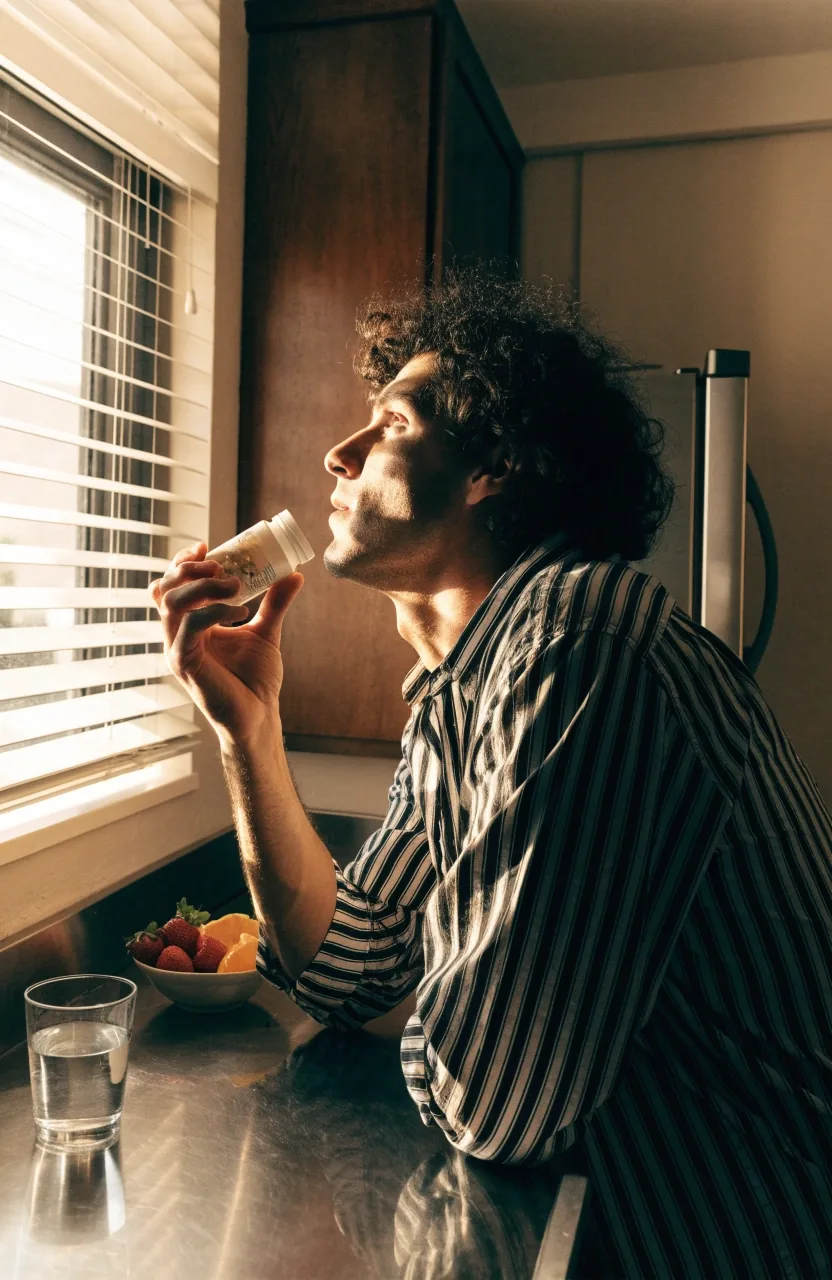 Hombre revisando el frasco de un suplemento natural sobre la mesa de su cocina por la mañana