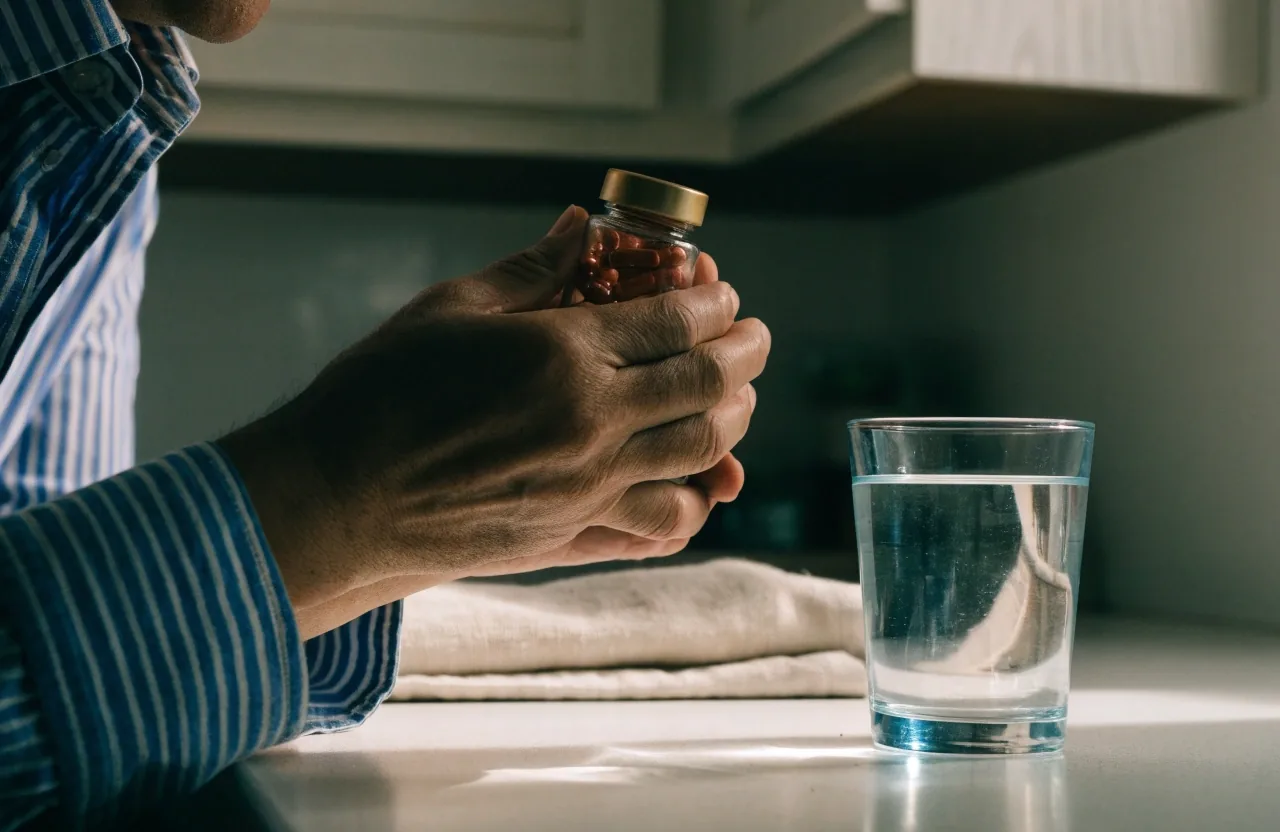 Hombre adulto sosteniendo un frasco de suplemento en un mostrador de cocina iluminado por la mañana