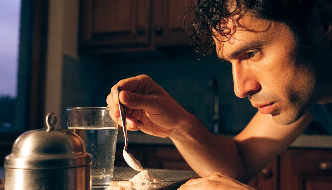 Hombre midiendo una medida de polvo de suplemento junto a un shaker y cápsulas en una cocina al atardecer