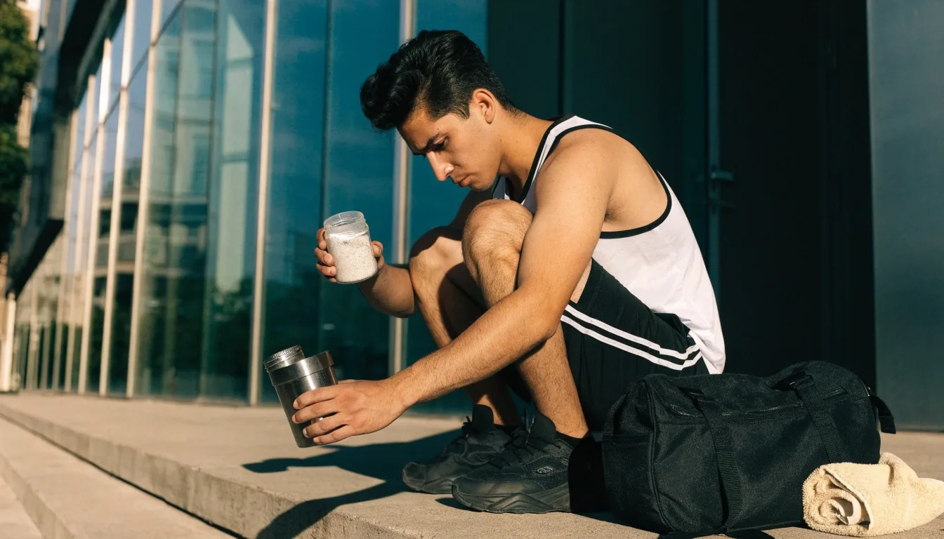 Hombre entrenando al aire libre en un parque de Ciudad de México con un shaker y creatina micronizada sobre una banca de madera
