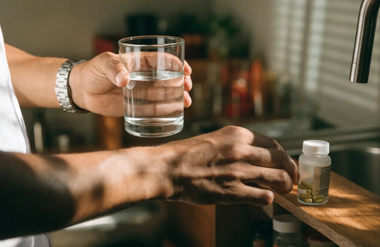 Hombre en su cocina con un vaso de agua y un envase de suplemento en el estante detrás