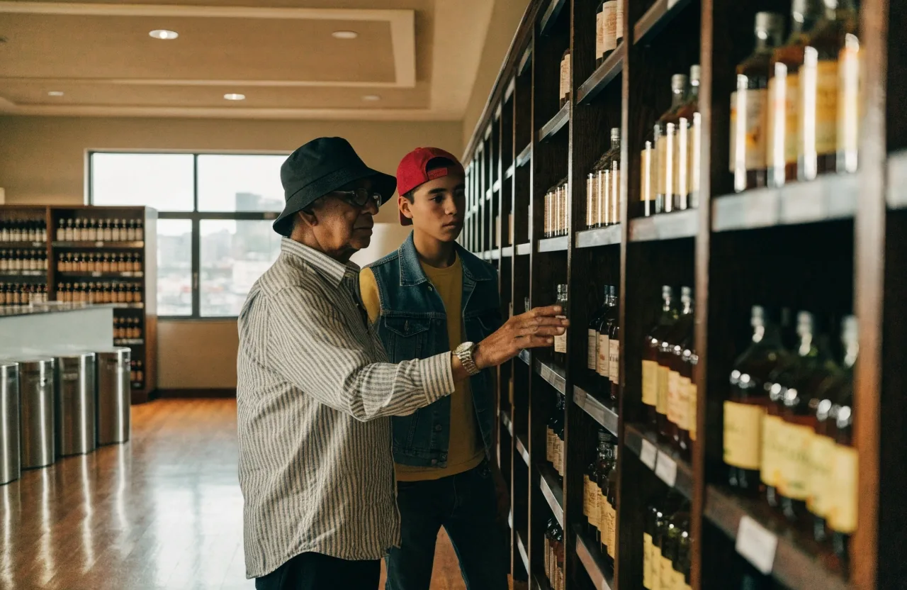 Dos hombres conversando sobre suplementos en el interior de una tienda iluminada
