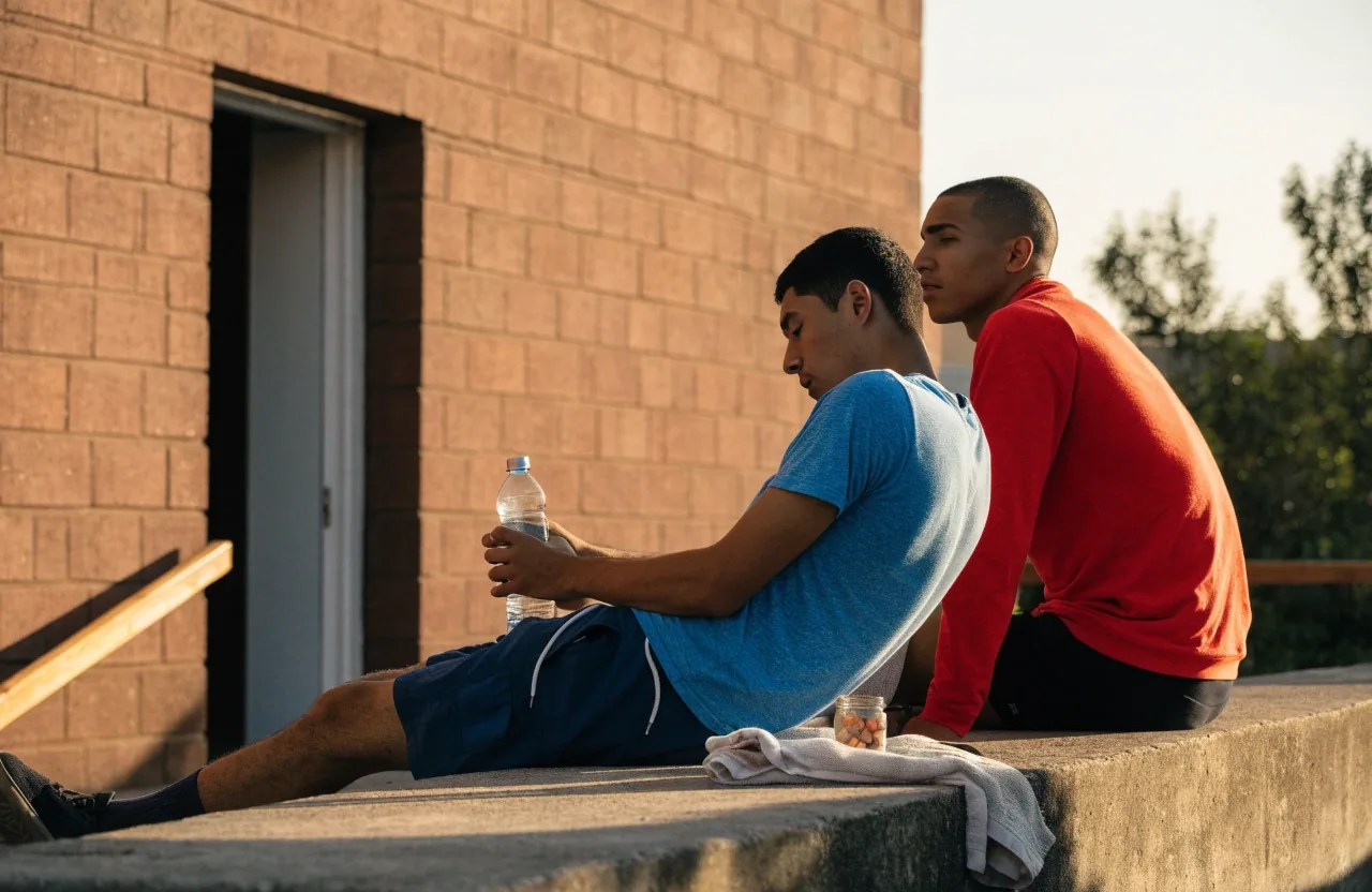 Dos hombres descansando en una terraza después de entrenar, con una botella de agua y un frasco de suplemento sobre la banca