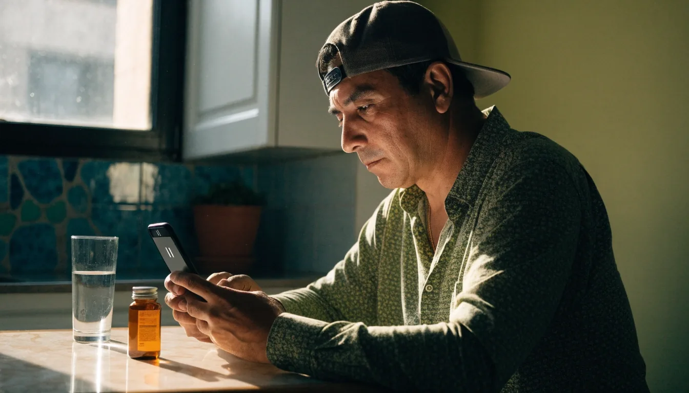 Hombre escribiendo un correo en su escritorio junto a un vaso de agua y un frasco de suplemento sin etiqueta legible