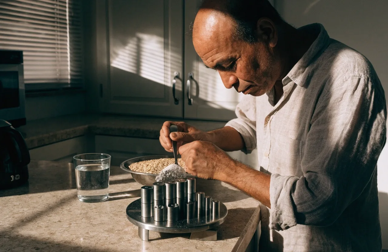 Hombre adulto pesando una porción de suplemento en polvo sobre una balanza de cocina junto a un vaso de agua, en un departamento con luz de mañana