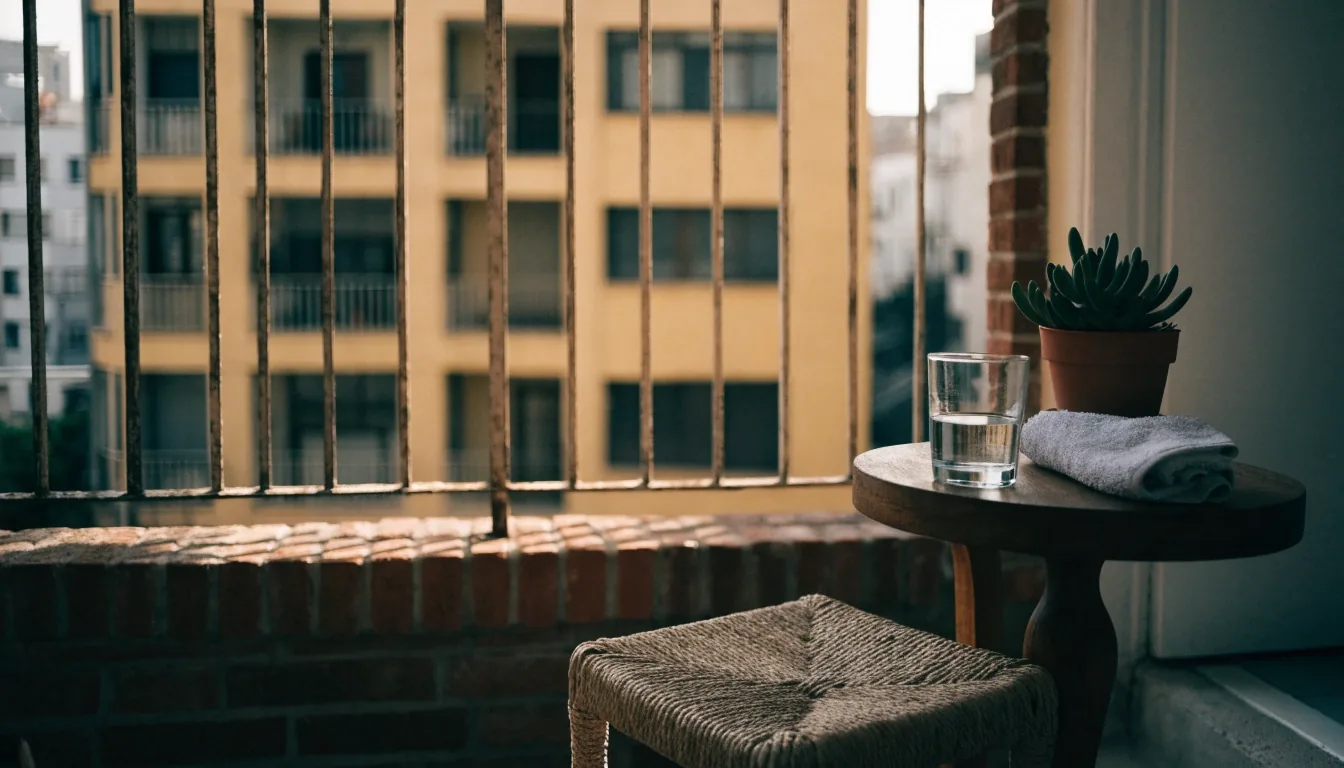 Terraza tranquila en la Ciudad de México al atardecer con dos vasos de agua y una toalla doblada sobre un borde de concreto